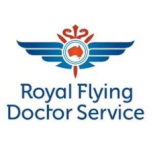 RFDS Logo blue writing on white background. A solid red outliine of Australia, medical lancet and aeroplane propellers in the middle.